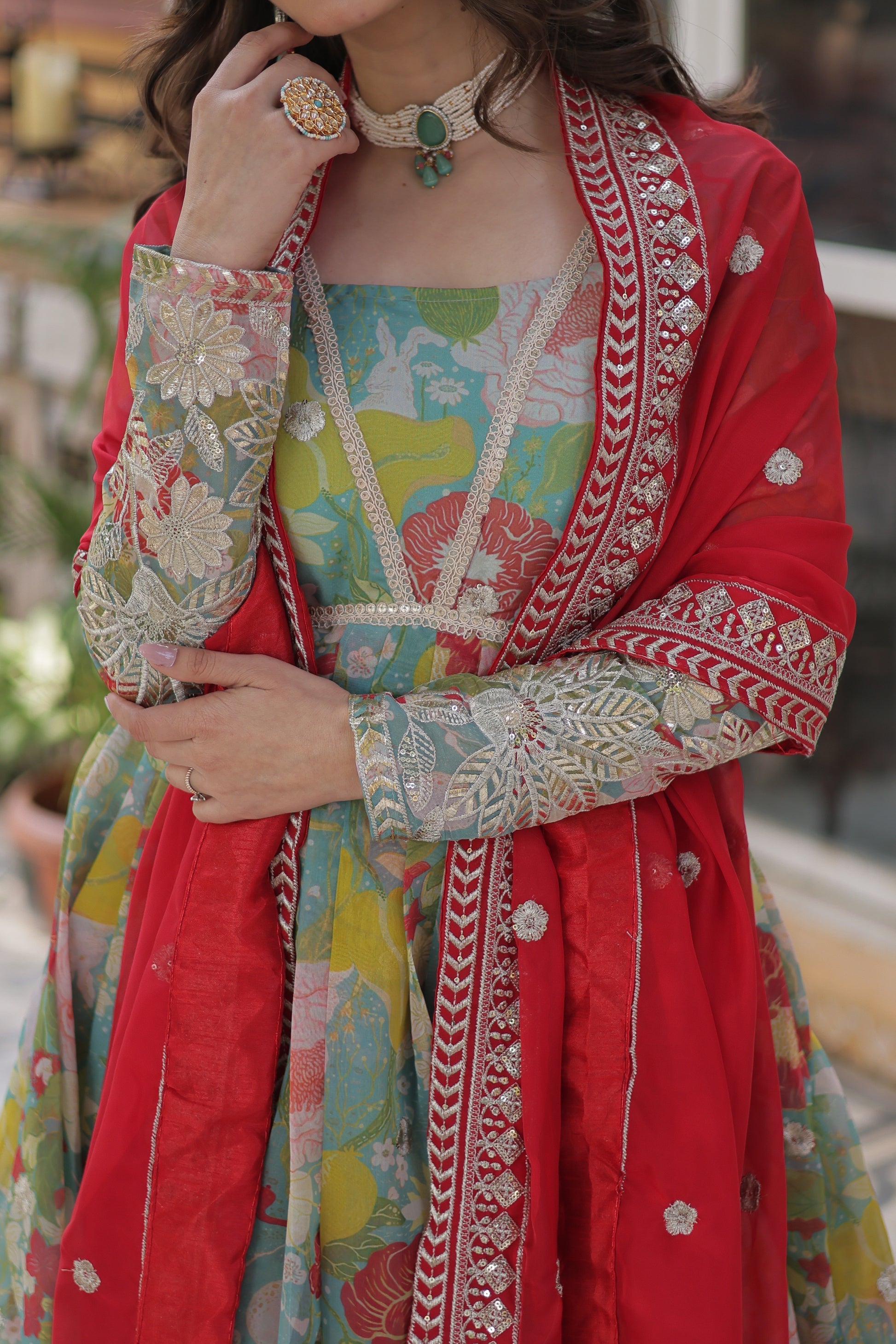 Green silk Anarkali gown set for women with dupatta, digital printed Russian silk gown with zari, sequins, and foil embroidery, full sleeve Alia cut gown, elegant festive outfit for weddings, Diwali, Karwa Chauth, and Eid, stitched ethnic party wear gown with lace border dupatta, designer traditional gown for women